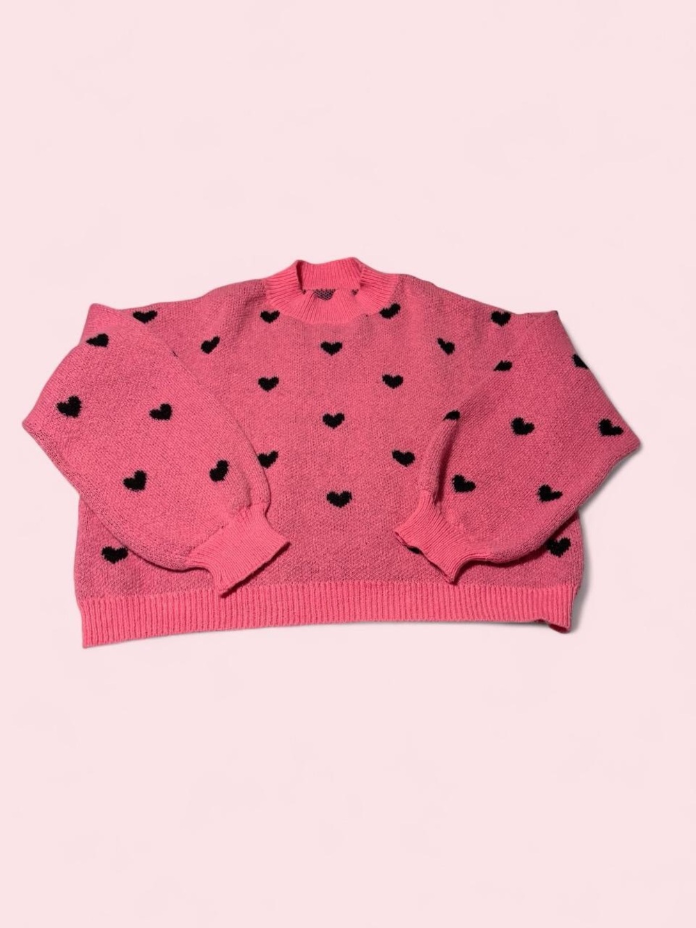 SHEIN Pink Crewneck Sweater with Black Heart Motif